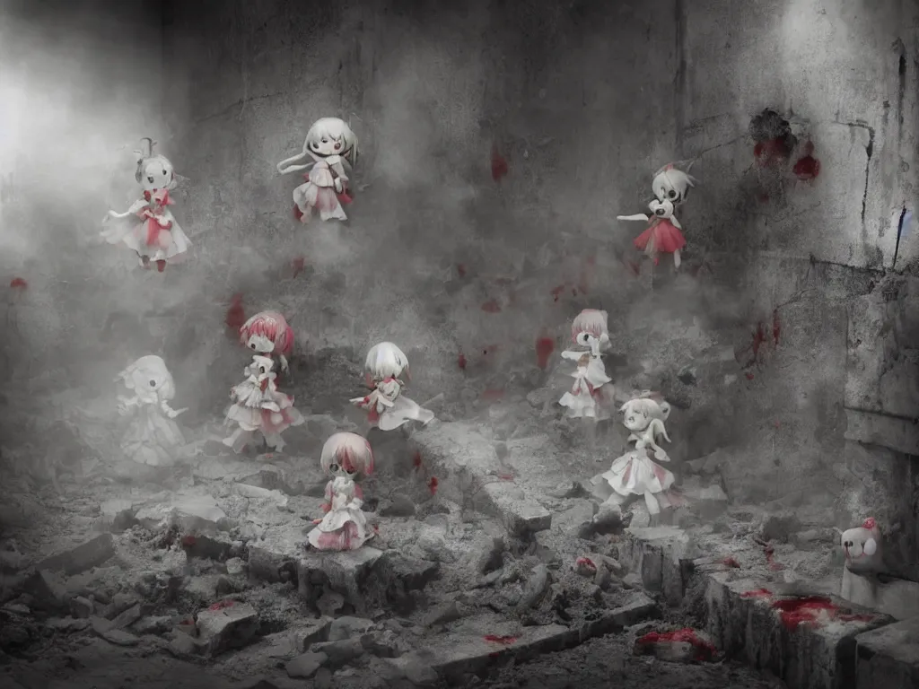 Image similar to cute fumo plush girl ghosts playing in a mysterious concrete wartorn brutalist ruin infected by strands of red parasitic fungus, chibi gothic maiden in tattered rags, dramatic three point lighting, glowing wisps of hazy smoke and volumetric fog swirling about, vray