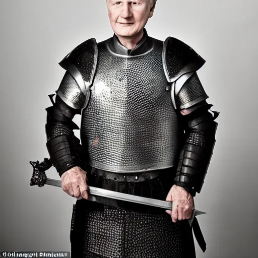 Prompt: an elderly stellan skarsgard poses for a portrait, he has long grey hair and beard, wearing black armor and holding sword