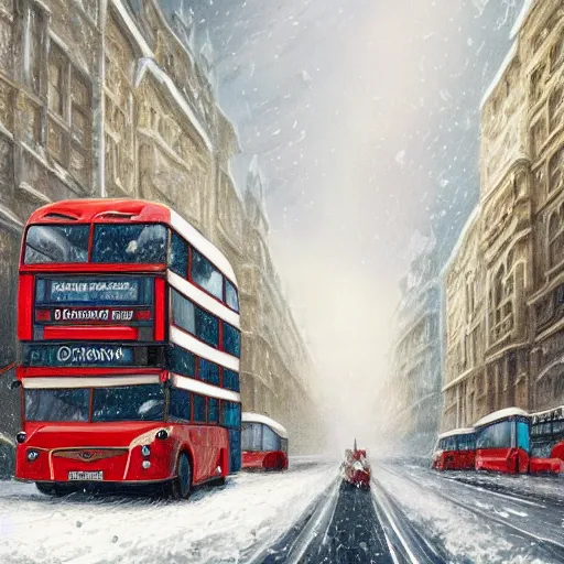 Prompt: a storybook illustration of a multistory bus in winter london road, intricate, elegant, fantasy, highly detailed, digital painting, concept art, sharp focus, artstation