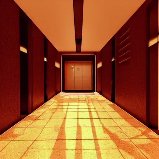 Prompt: “Sunlit Hallway with an elevator at the end, high quality, unreal engine, raytraced, photorealistic”