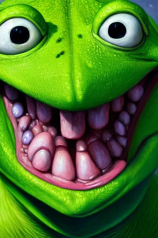 Image similar to a beautiful oil painting hyperrealism of a happy smiling kermit the frog head, green bulging eyes, rotten green skin, grey beard, blue veins, skull bones, moody lighting, 8 k resolution, octane render, trending on artstation, by h. r. giger and greg rutkowski