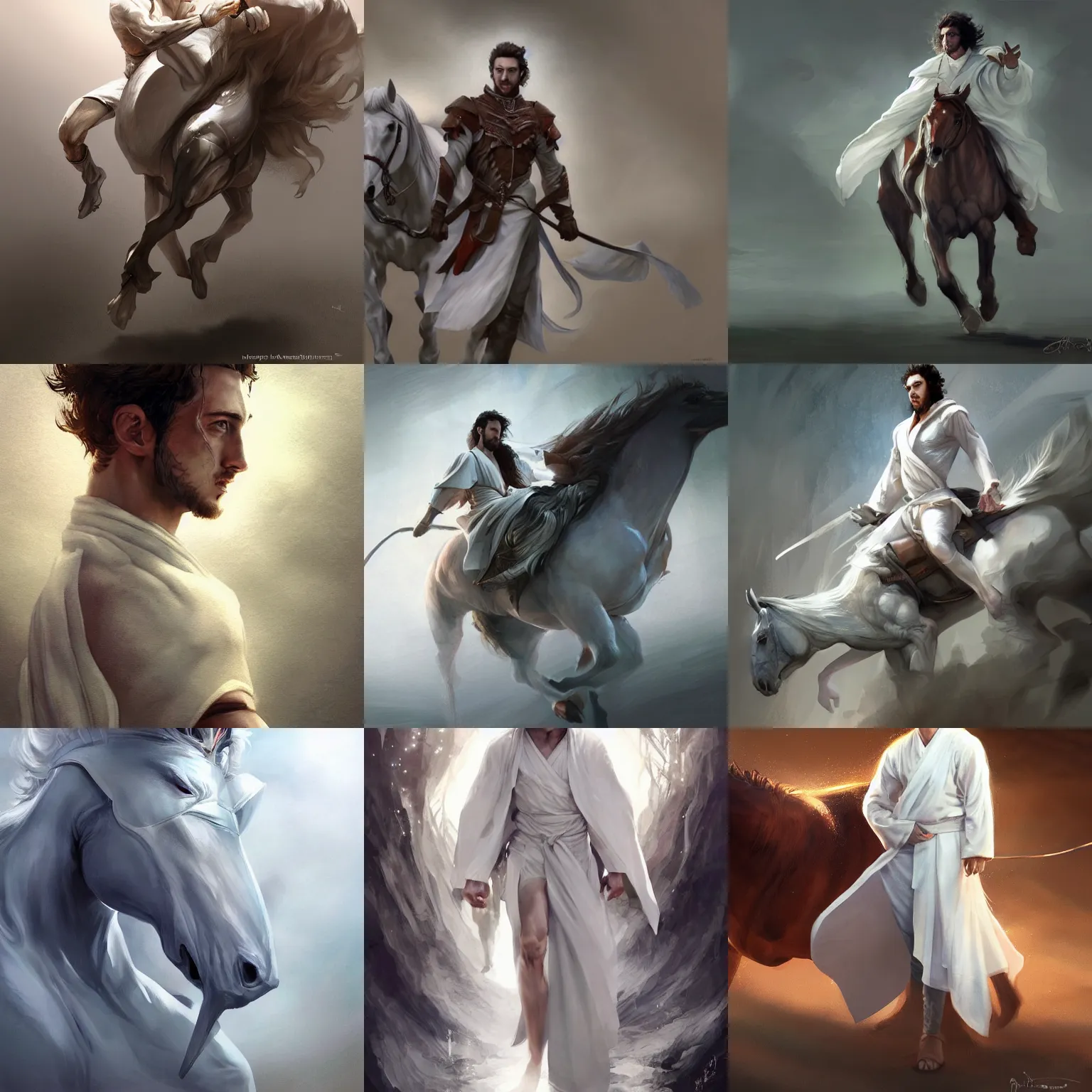 Prompt: distant full body view, aaron taylor johnson in white robes riding a horse, digital painting, concept art, smooth, sharp focus, illustration by artgerm, yoshitaka amano, krenz cushart, shinji aramaki