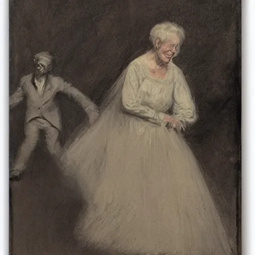 Image similar to old lady dancing with the ghost of a young man alone in a ballroom by alfred stevens in charcoal