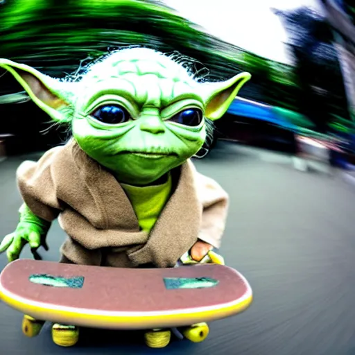 Image similar to Yoda skateboarding towards the camera, photograph, fisheye lens