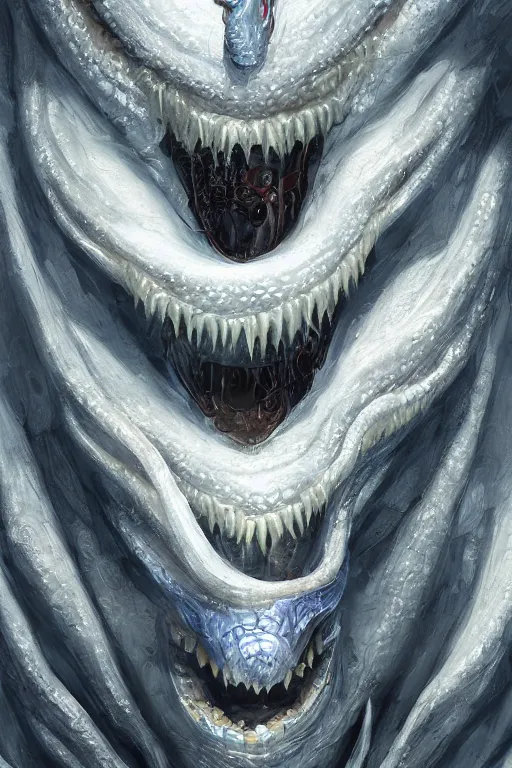 Image similar to ultra realist and ultra intricate detailed soft painting of a gigantic wyrm opened mouth, symmetry features, huge ivory teeth, slimy tongue, sensual gloomy style, volumetric clouds, cyberpunk background, artstation, unreal render, depth of field