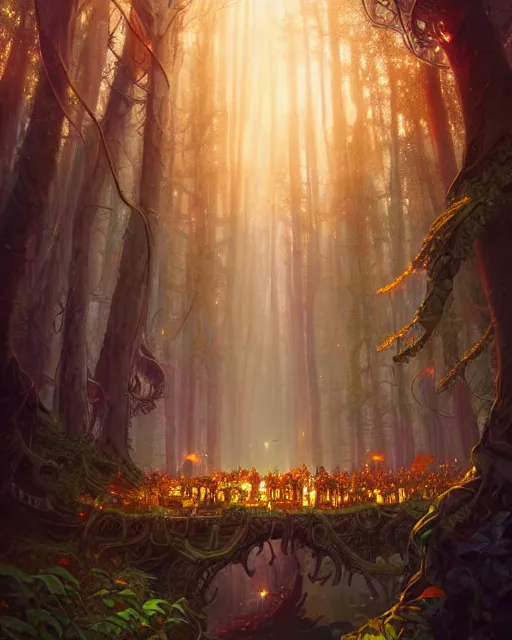 Image similar to magical forest city of the elves, fireflies, deep focus, d & d, fantasy, intricate, elegant, highly detailed, digital painting, artstation, concept art, matte, sharp focus, illustration, hearthstone, art by greg rutkowski and alphonse mucha and andreas rocha