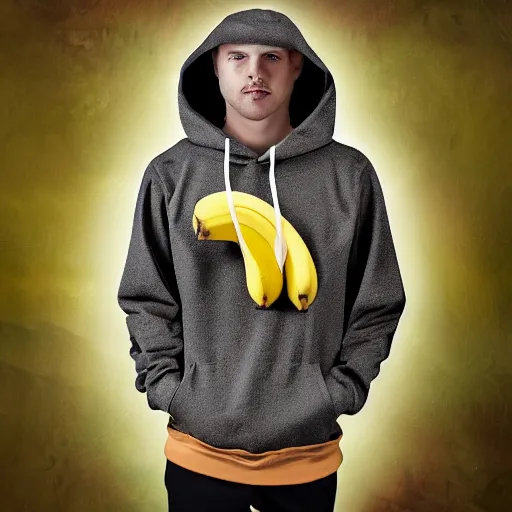 Prompt: a hoodie made from bananas, realistic photo, advertising photography