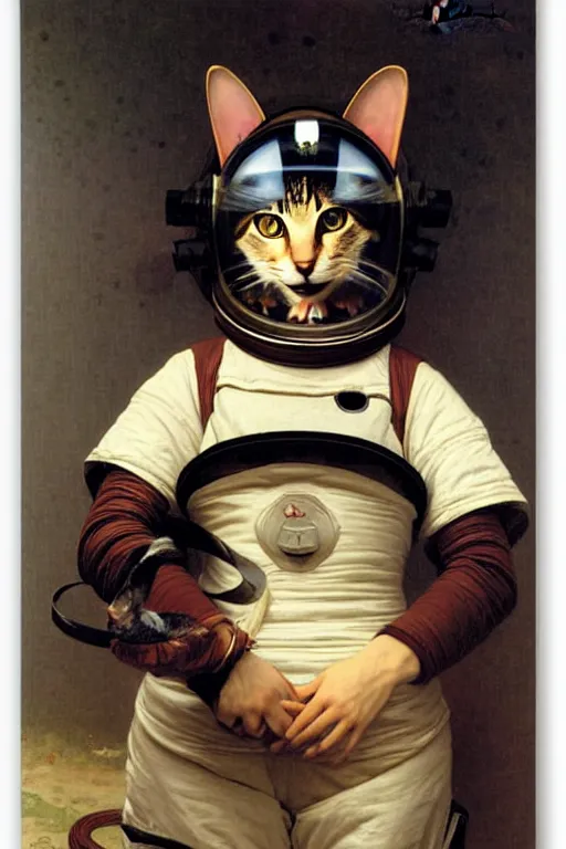 Image similar to portrait of a cat astronaut with japanese armor and helmet, by bouguereau