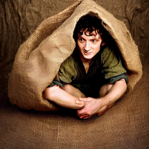 Prompt: frodo from lord of the rings in a burlap sack overflowing with potatoes, the sack has many potatoes in it, photography, realistic, mid shot, in his hobbit home, cinematic lighting