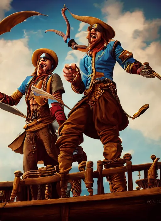 Image similar to an epic fantasy comic book style portrait painting of two bumbling idiot sky - pirates on the deck of a skyship looking at a chest, unreal 5, daz, hyperrealistic, octane render, cosplay, rpg portrait, dynamic lighting, very detailed faces