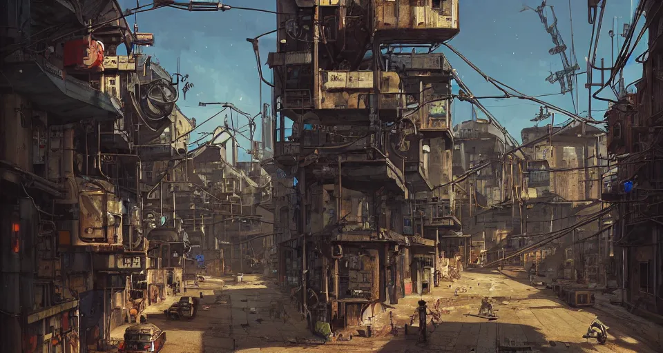 Image similar to a industrial STEAMPUNK CITY Street scenery in the FAVELAS, signs, billboards and cable Connecting MULTI LVL BUILDINGS, rendered by simon stålenhag, rendered by Beeple, Makoto Shinkai, syd meade, environment concept, digital art, starwars, Gundam Style, unreal engine, 3 point perspective, WLOP, trending on artstation, low level, 4K UHD image, octane render,