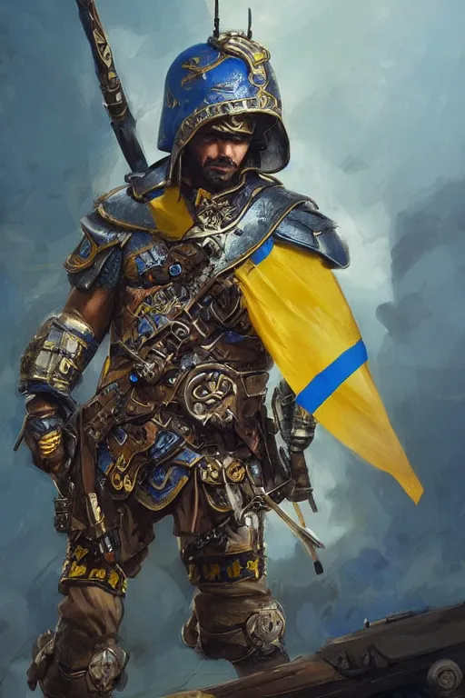 Prompt: shot of a warrior with Ukrainian blue and yellow flag, D&D, handsome, fantasy, intricate, military helmet, pile of skulls in the background, steampunk, elegant, highly detailed, digital painting, artstation, concept art, smooth, sharp focus, illustration, art by artgerm and greg rutkowski and alphonse mucha