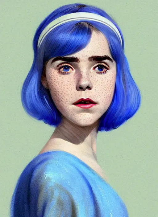 Image similar to portrait of kiernan shipka with freckles, white hair, big 1 9 6 0 s bob hairstyle with bangs and hairband, blue 1 9 6 0 s dress, intricate, elegant, glowing lights, highly detailed, digital painting, artstation, concept art, smooth, sharp focus, illustration, art by wlop, mars ravelo and greg rutkowski