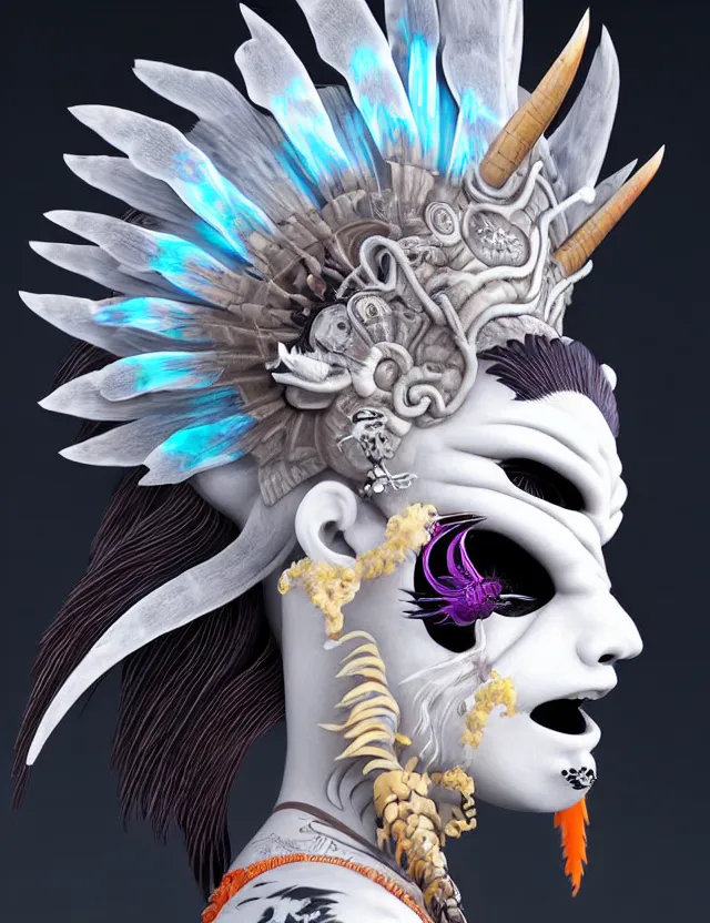 Image similar to 3 d goddess close - up profile simple portrait punk with mohawk with ram skull. beautiful intricately detailed japanese crow kitsune mask and clasical japanese kimono. betta fish, jellyfish phoenix, bio luminescent, plasma, ice, water, wind, creature, artwork by tooth wu and wlop and beeple and greg rutkowski