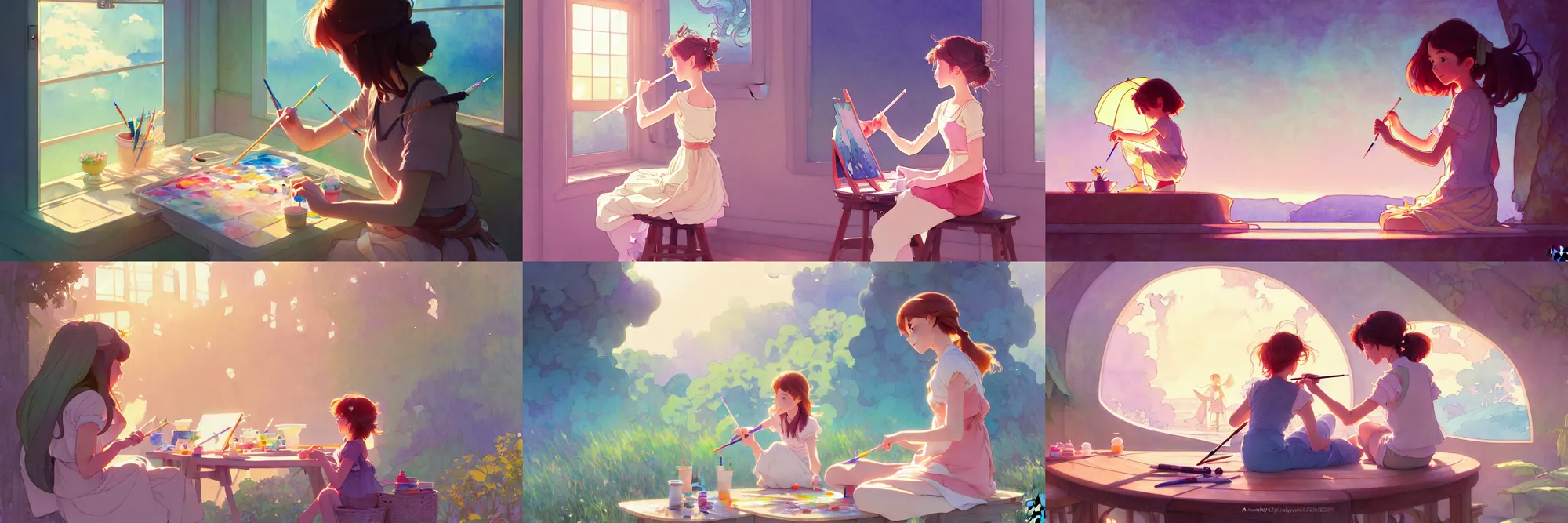 Prompt: a wholesome animation key shot of a girl painting a picture at the seaside studio ghibli, pixar and disney animation, sharp, disney concept art watercolor illustration by mandy jurgens and alphonse mucha and alena aenami, pastel color palette, dramatic lighting