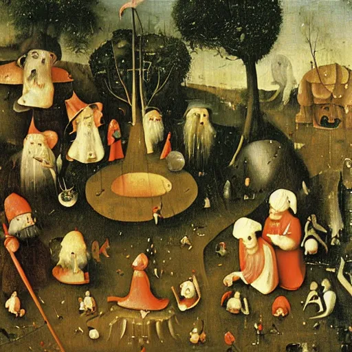 Image similar to Garden of Gnomes' Delights, detailed oil painting by hieronymus bosch