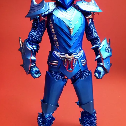 Image similar to High Fantasy Kamen Rider, blue armor with red secondary color, 4k, glowing eyes, daytime, rubber undersuit with chainmail texture, dragon inspired armor