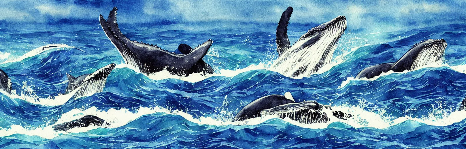 Image similar to whales in the ocean, aesthetically pleasing composition, watercolor painting by hayao miyazaki and vincent van gogh and national geographic, masterful, sharp focus, rich texture, rich vivid color, dynamic, energetic, lively, perspective, elegant design, high detail, hdr.