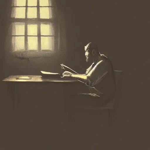 Image similar to A man sitting in a dark and gloomy room, writing in a journal, the only source of light is a light from a flickering candle wick on the desk, in a gothic and atmosphere style, artstation digital art, trending on artstation, artstationHQ, artstationHD.
