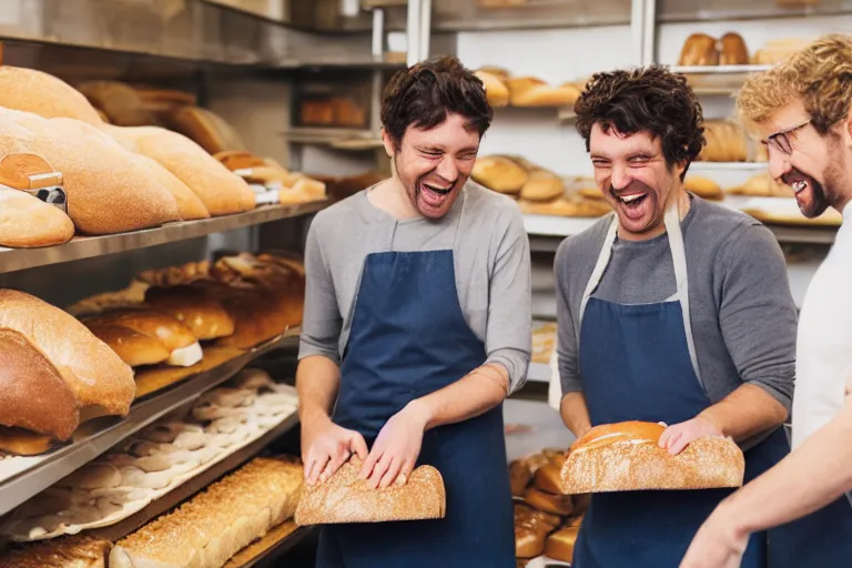 Image similar to 3 people in a bakery laughing at bread,