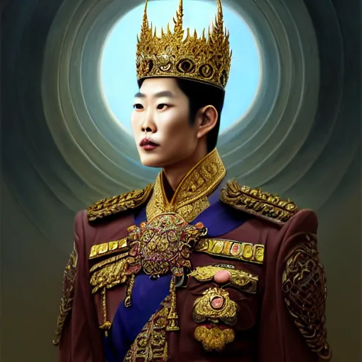 Image similar to dark tall and handsome korean male dressed as king ramkhamhaeng of sukhothai, intricate, highly detailed, centered, digital painting, artstation, concept art, smooth, sharp focus, illustration, artgerm, tomasz alen kopera, peter mohrbacher, donato giancola, joseph christian leyendecker, wlop, boris vallejo