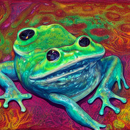 Image similar to Hyperrealistic intensely colored Studio wet collodion Photograph portrait of a deep sea psychedelic bioluminescent frog deep underwater in darkness long exposure, award-winning nature deep sea expressionistic impasto heavy brushstrokes oil painting by Fabian Marcaccio and Jean Dubuffet and Audubon vivid colors hyperrealism 8k