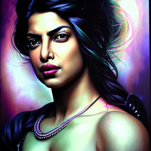 Prompt: priyanka chopra as a beautiful portrait of a cyberpunk female by Marco Mazzoni and Hannah Yata