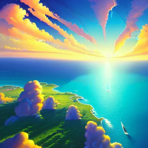 Image similar to a painting a breathtaking aerial view of Hawaiian islands, surrounded by palm trees, clouds, flowers, volcano, azure ocean, sunlight glistening, glow, , a detailed matte painting by sylvain sarrailh, Stephan Martinière, by RHADS, Makoto Shinkai, bokeh, Artstation contest winner, fantasy art, concept art, #vfxfriday