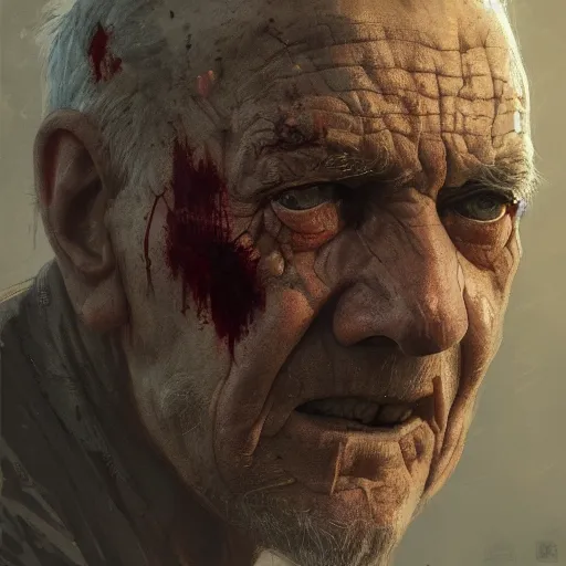 Image similar to close-up, symmetrical, portrait of an old man, bruised, scarred, marvel art, art by greg rutkowski, matte painting, trending on artstation