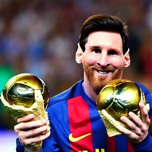 Image similar to Lionel Messi holding the Fifa World Cup