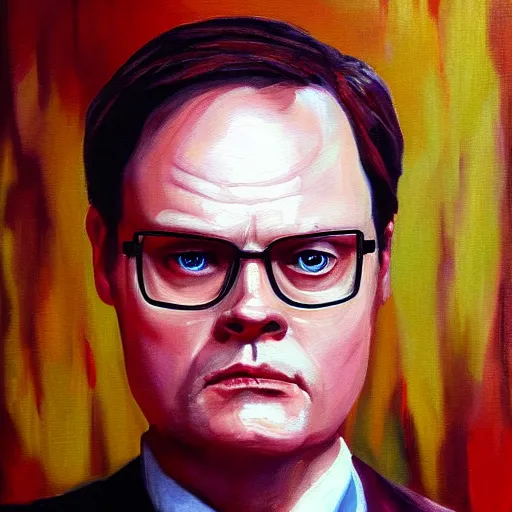 Prompt: Holy Dwight Schrute, oil painting