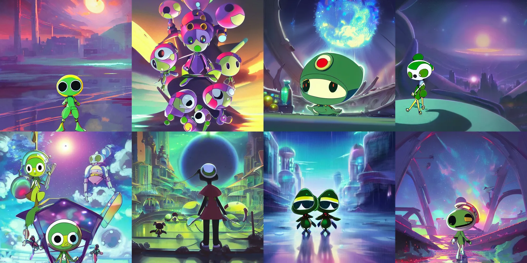 Prompt: keroro. hq glistening beautiful colors, rich moody atmosphere, reflections specular highlights, megastructure realistic detailed background, brandishing iridescent cosmic weapons, colourful 3 d crystals, dark ominous jagged sharp steel gritty armor, makoto shinkai greg rutkowski matte portrait animation