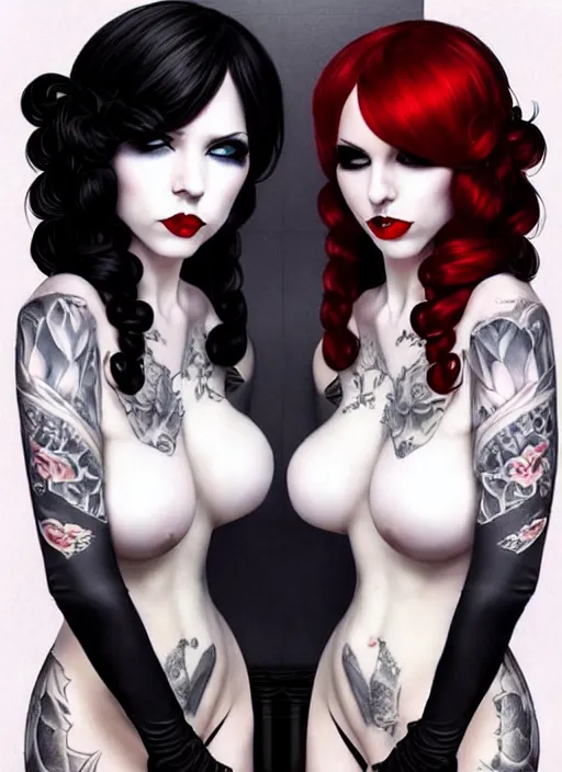 Image similar to a full body shot of two feminine pale skin cosplay beautiful goth girls, light gray eyes, big red lips, black hair, feet posing, goth style, fully tattooed body, fishnet clothes, beautiful detailed face, masterpiece, beautiful composition, trending on artstation, award - winning photograph, paint by artgerm