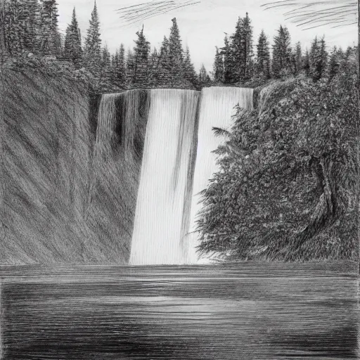 Image similar to A black and white pencil sketch of a huge waterfall flowing into a very large lake, surrounded by lots of trees and very rocky cliffs.