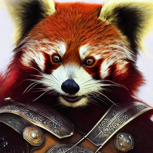 Image similar to red panda as a realistic fantasy knight, closeup portrait art by donato giancola and greg rutkowski, realistic face, digital art, trending on artstation, symmetry!!, no helmet