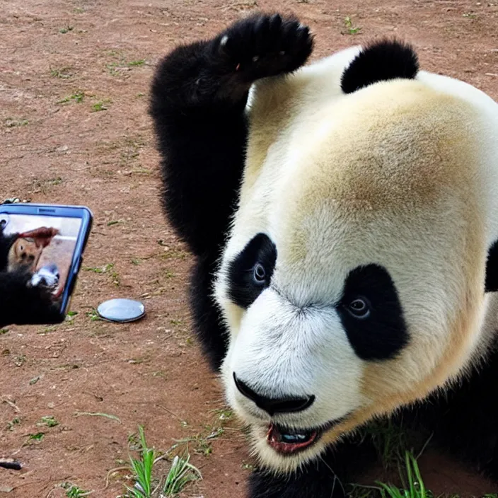 Image similar to a panda is taking a selfie with a smartphone