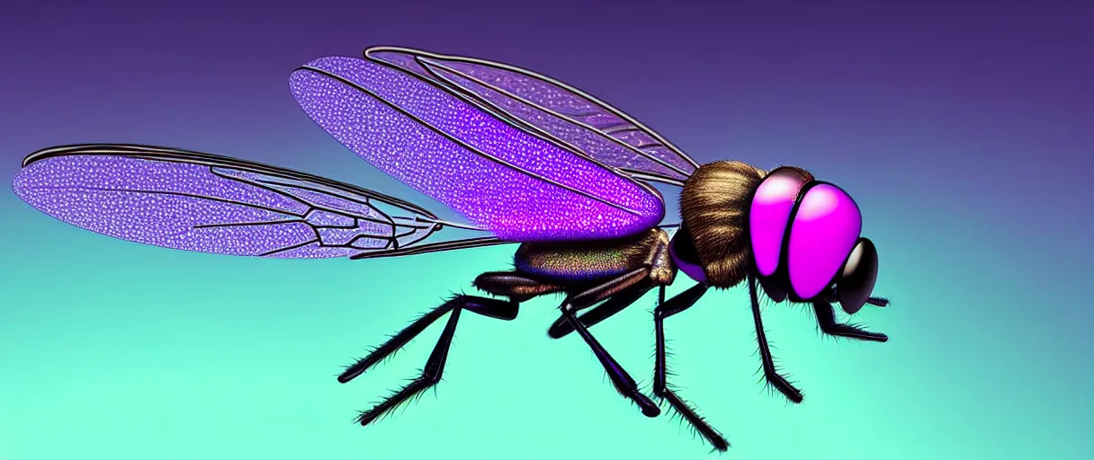 Prompt: high quality photo glowy iridescent giant fly! jeweled very beautiful! highly detailed digital art david ligare elson peter cinematic purple neon lighting high quality low angle hd 8k sharp shallow depth of field