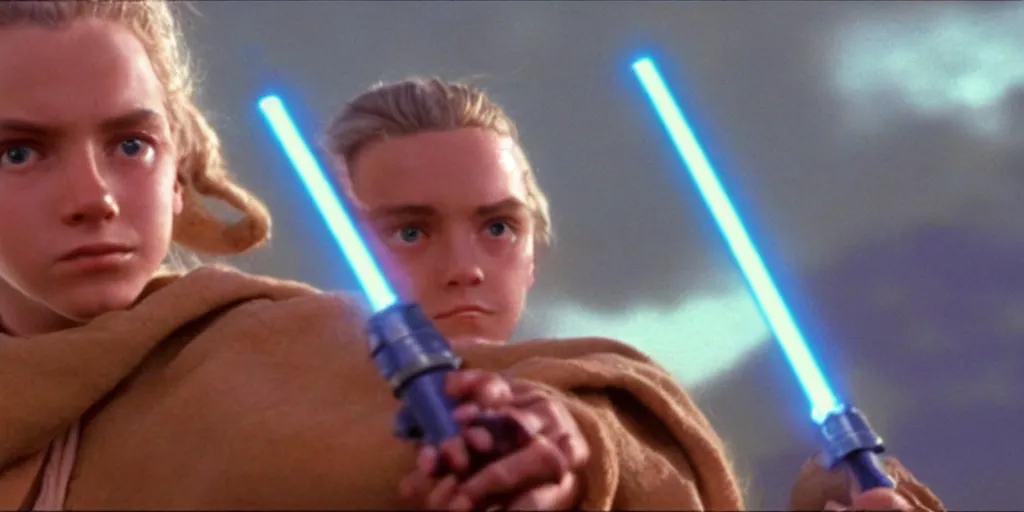 Image similar to !dream A full color still of a teenage blonde Jedi padawan holding the HILT of a lightsaber, looking scared, at golden hour!, from The Phantom Menace, directed by Steven Spielberg, 35mm!!! 1990