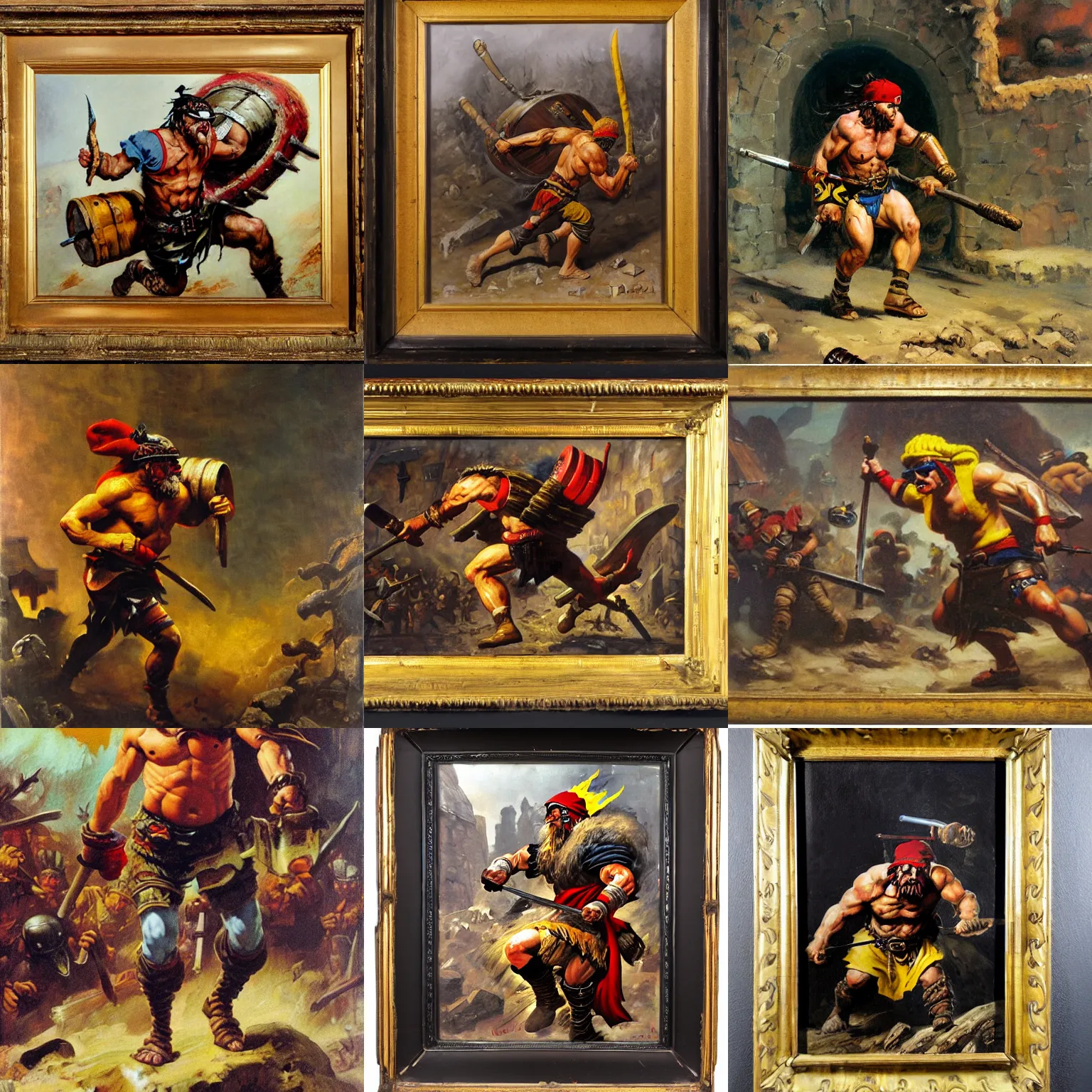 Prompt: wide shot of barbarian warrior running out of inn with barrel of beer tucked under his arm wearing wraparound sunglasses and black red yellow beanie hat, oil painting, frank frazetta