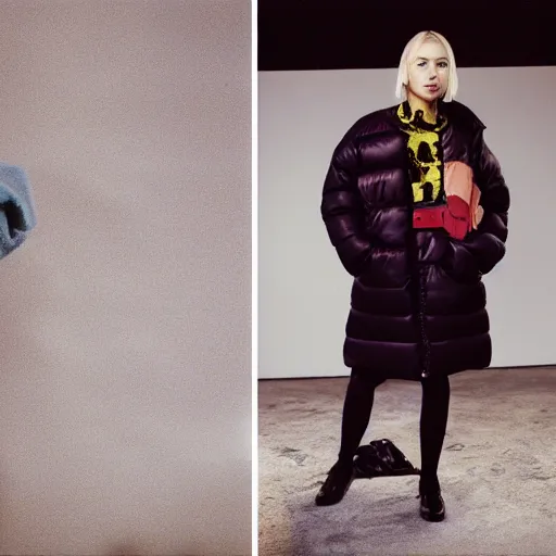 Image similar to realistic photoshooting for a new balenciaga lookbook, color film photography, portrait of a blonde asian woman, model wearing a puffer jacket, photo in style of tyler mitchell, 3 5 mm,