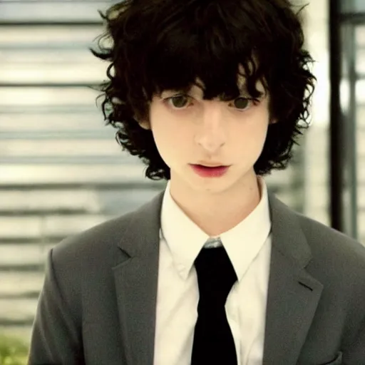 Image similar to a screenshot of finn wolfhard as l in death note ( the anime ) ( 2 0 0 6 ), anime, vhs quality