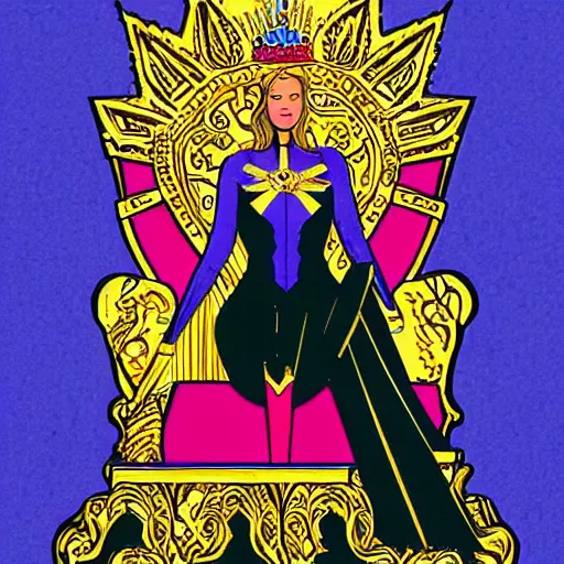 Prompt: superhero women wearing a crown, intricate, golden, sitting on a throne, majestic