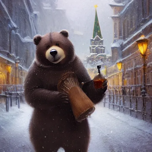 Image similar to smiling brown bear holding vodka and holding balalaika in hat in winter at streets of Moscow, sharp focus, fantasy style, octane render, volumetric lighting, 8k high definition, by greg rutkowski, highly detailed, trending on art Station