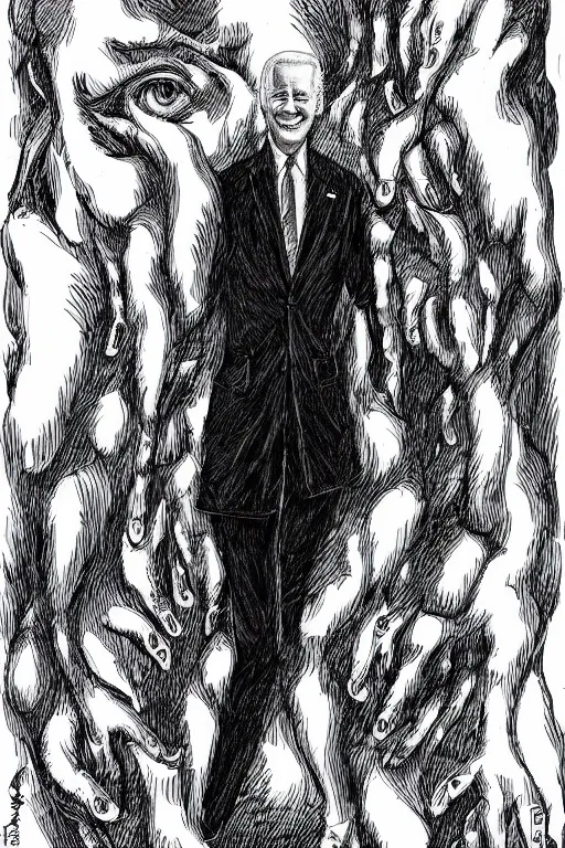 Image similar to Joe Biden full body portrait, body horror, black and white Illustration by Junji Ito