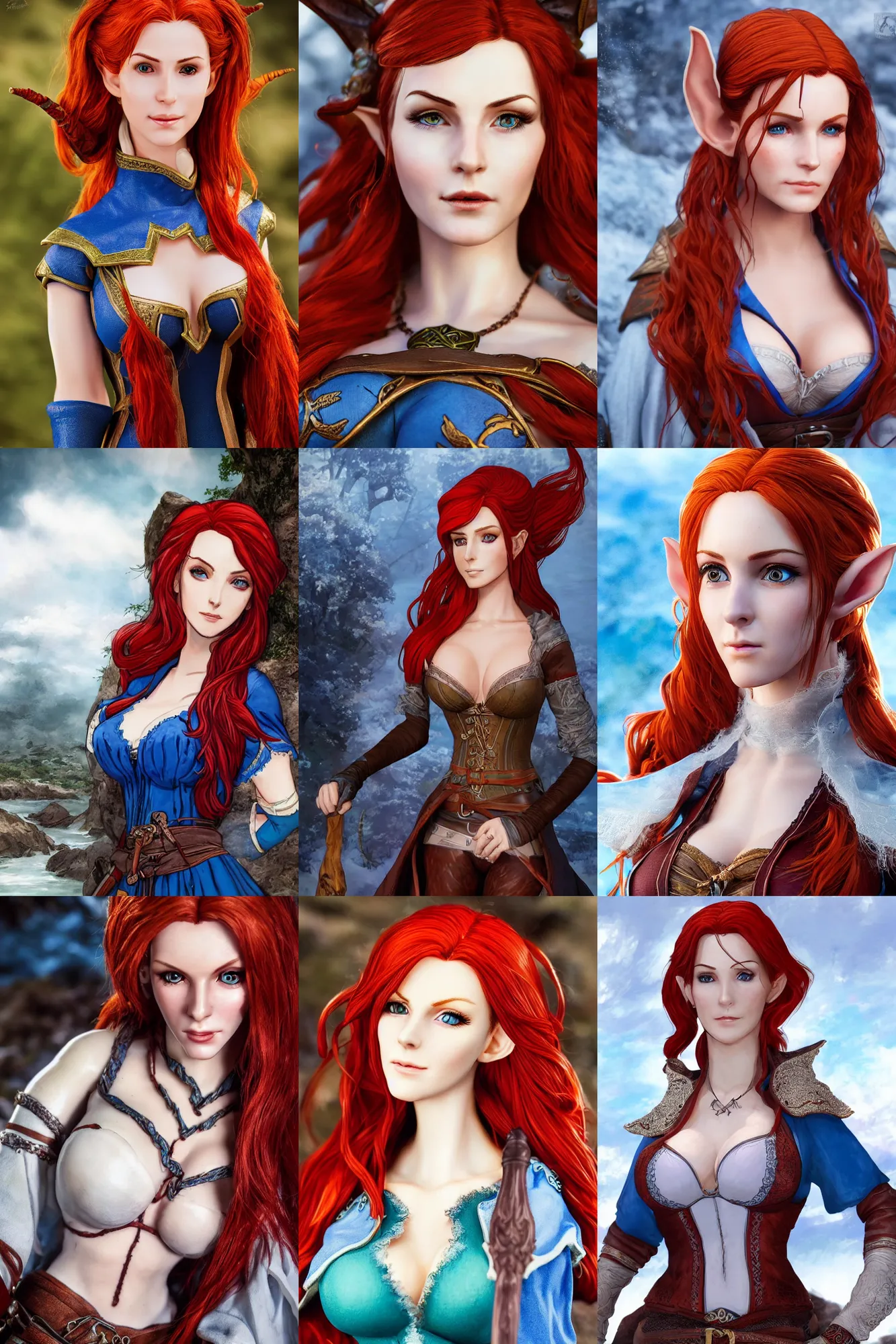 Prompt: alluring highly detailed close-up portrait of beautiful elf (Triss from Witcher 3) with porcelain skin flowing red hair wearing chesty adventurer's outfit and a long blue cloak, very detailed, realistic, manga, matte