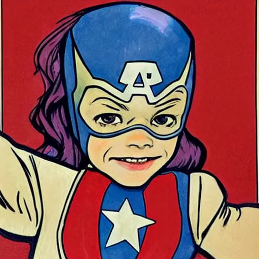 Prompt: a little girl with a mischievous face and light brown curly wavy hair and blue eyes. she is dressed as captain america, spider - man, batman, captain marvel, a superhero. well composed, clean elegant painting, beautiful detailed face. comic book art by steve ditko and jack kirby and ( alphonse mucha )