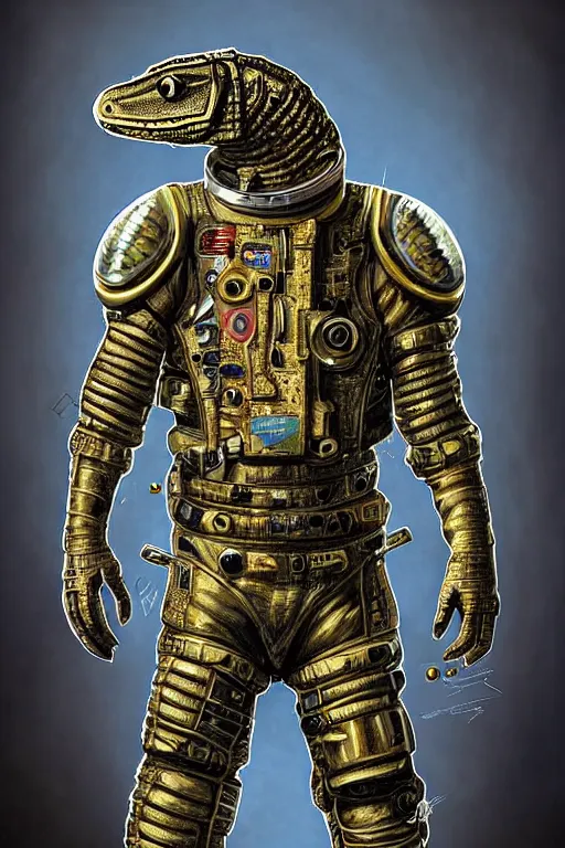 Image similar to a portrait of a muscular anthropomorphic cyberpunk caiman lizard space mechanic in spacesuit armor with ensignia on chest plate by sandra chevrier, by jon foster, detailed render, pistol in holster, tape deck, epic composition, cybernetics, 4 k realistic, cryengine, realistic shaded lighting, sharp focus, masterpiece, by enki bilal