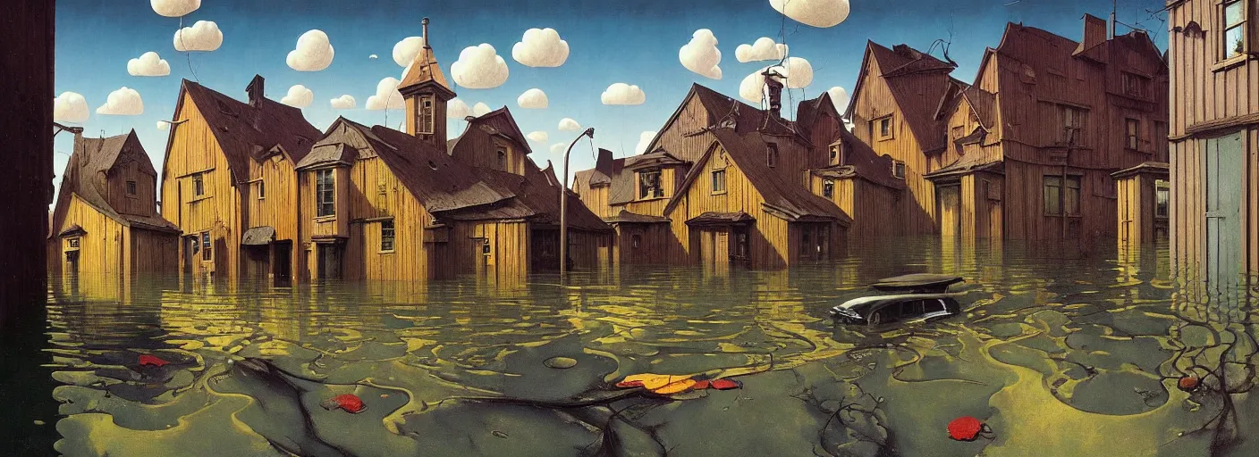 Image similar to flooded! old dark scary wooden empty cursed town street entrance, very coherent and colorful high contrast masterpiece by gediminas pranckevicius rene magritte norman rockwell franz sedlacek, full - length view, dark shadows, sunny day, hard lighting, reference sheet white background