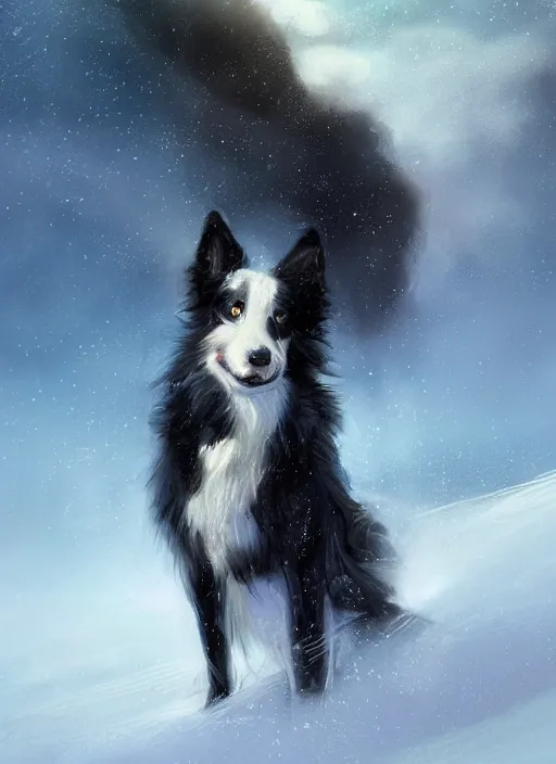 Image similar to beautiful portrait of a cute male anthropomorphic border collie fursona wearing a blue cowboy outfit in a tundra. character design by charlie bowater, henry asencio, and ross tran. scenic background, detailed, glamor pose, aesthetic, trending on artstation, top rated on furaffinity and deviantart