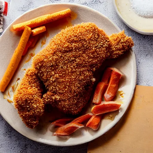 Prompt: breaded chicken with a crown of a king in top of it, hyper realistic, 4k